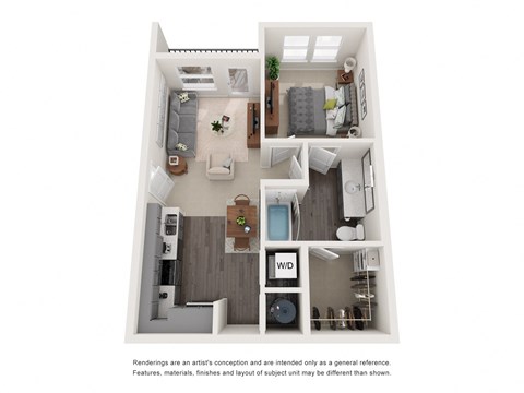 Floor plan for 1 bed, 1 bath, 622 sqft